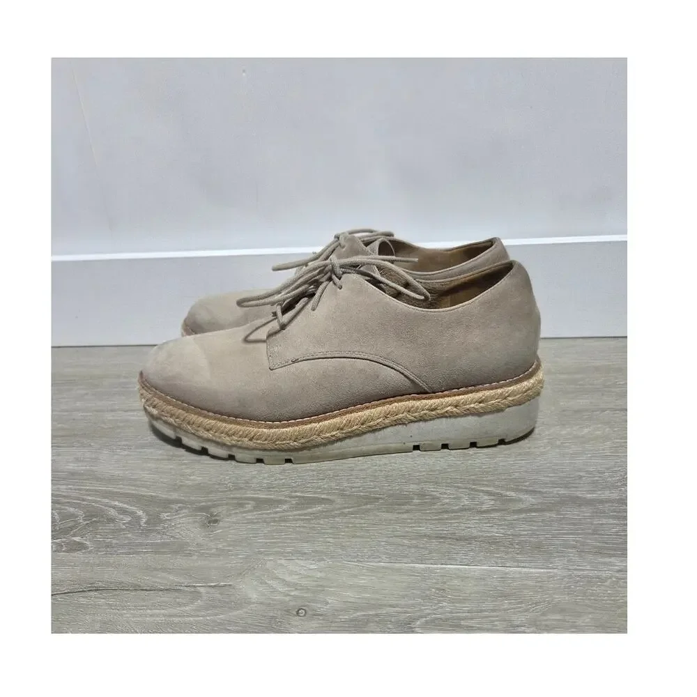 Eileen Fischer Everly Derby Platform Wedge Espadrille Taupe Suede Woman Shoes 9